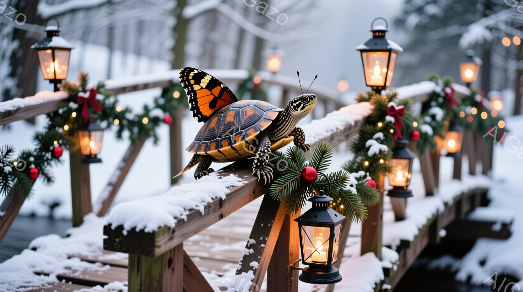 雪に覆われた木の橋の上に、装飾されたクリスマスの飾りと提灯が並んでいます。橋の上には、鮮やかな色の蝶の羽を持つカメがおり、丸い目で前を見つめています。背景は雪景色で、冬の静かで幻想的な雰囲気を醸し出しています。