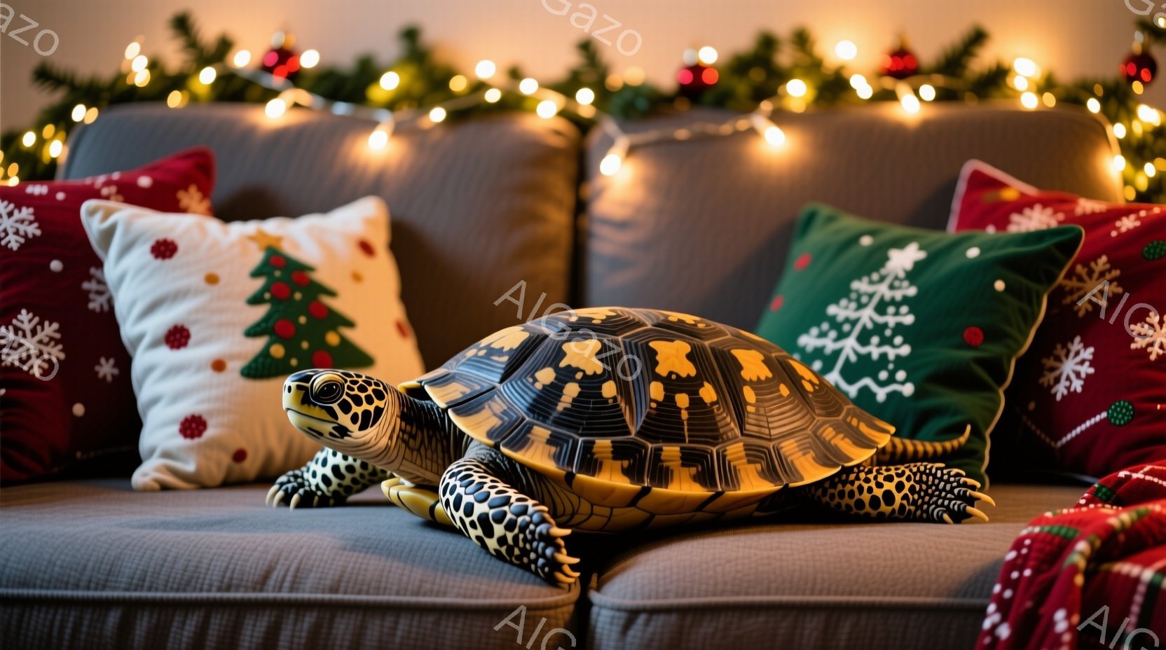 ソファの上に甲羅の美しい亀が座っています。背景にはクリスマスツリーの模様が描かれたクッションや、キラキラと光るクリスマスイルミネーションが飾られており、温かみのある雰囲気が漂っています。亀は前方に視線を向け、リラックスした様子でくつろいでいます。