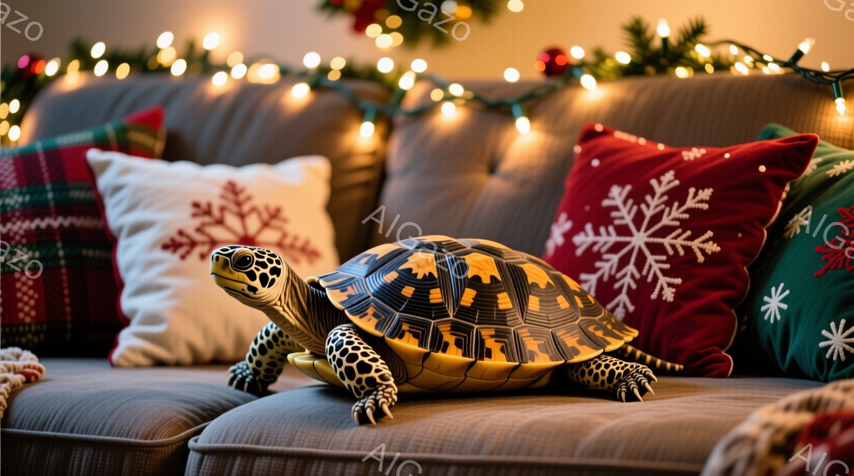 ソファの上に甲羅の模様が美しいカメが佇んでいます。背景には、クリスマスツリーの光と、赤い雪の結晶模様のクッション、緑色のクッション、チェック柄のクッションがあり、暖かい雰囲気を醸し出しています。カメは前足を伸ばし、好奇心旺盛な表情でこちらを見ているようです。