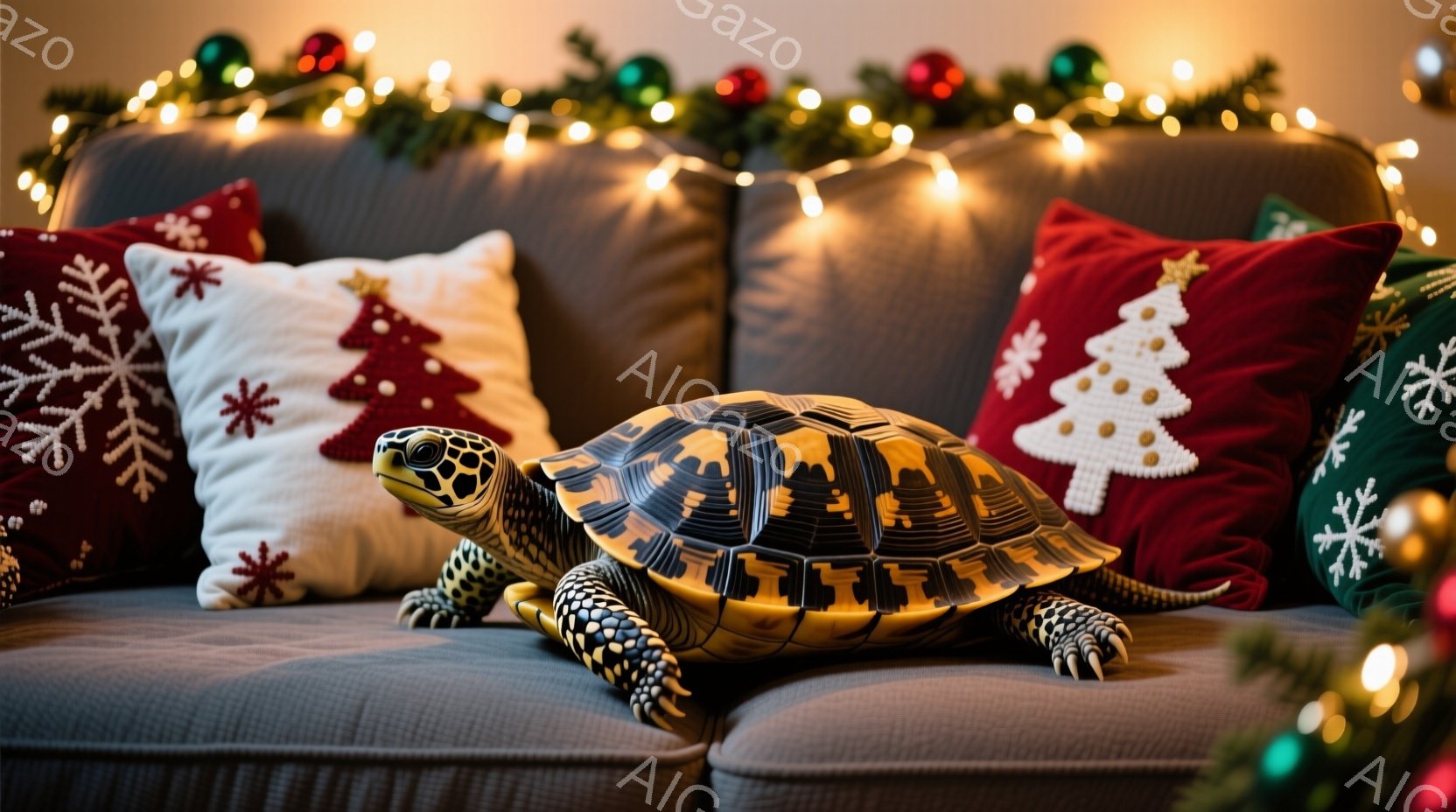 ソファの上で甲羅が美しいカメがリラックスして横たわっています。背景には、クリスマスを意識した模様のクッションや、温かい光を放つイルミネーションが飾られています。全体的に、温かく、居心地の良い、そして少し遊び心のある雰囲気が漂っています。