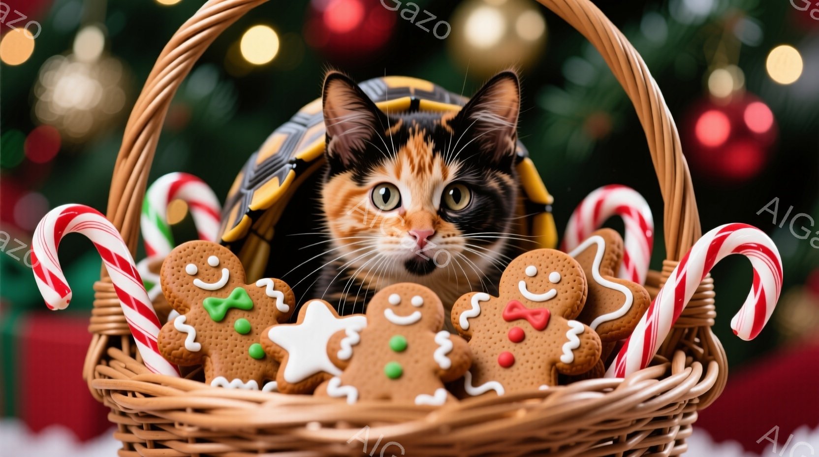 籠の中に、三毛猫が顔を出しています。籠の中には、ジンジャーブレッドマンやキャンディケーンが散りばめられており、背景にはクリスマスツリーの飾りが見えます。全体的に暖かく、お祝いの雰囲気が漂っています。 - AI生成フリー素材