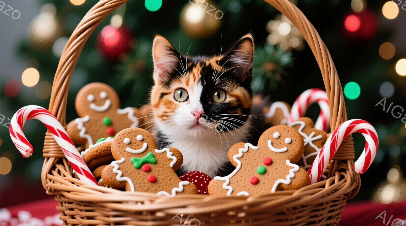 白と茶色のまだら模様の猫が、クリスマスを意識したかごの中にいます。かごの中にはジンジャーブレッドクッキーやペパーミントキャンディが敷き詰められており、猫は正面を見て少し微笑んでいるように見えます。背景はぼやけたクリスマスツリーの光で、温かくお祝いの雰囲気が漂っています。