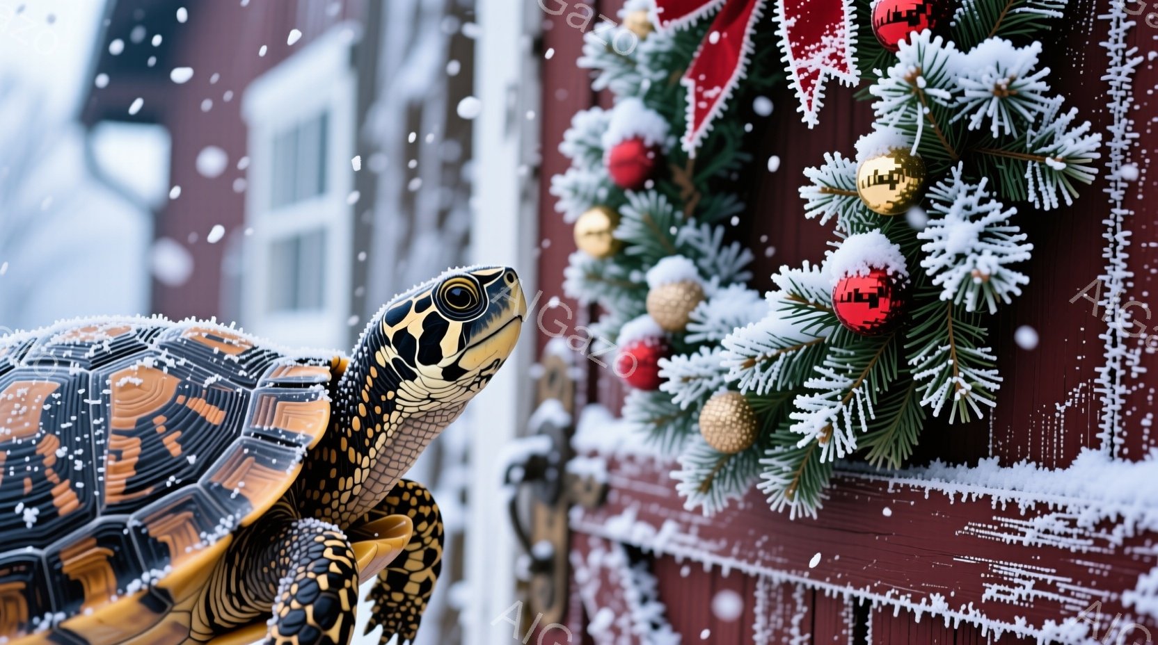 雪が舞う中で、甲羅に雪が積もった可愛らしいカメが正面を見つめている。背景には赤い壁と、飾り付けられたクリスマスリースがあり、冬の暖かな雰囲気を醸し出している。カメの落ち着いた表情と、雪景色が相まって、静かで穏やかな情景が広がっている。