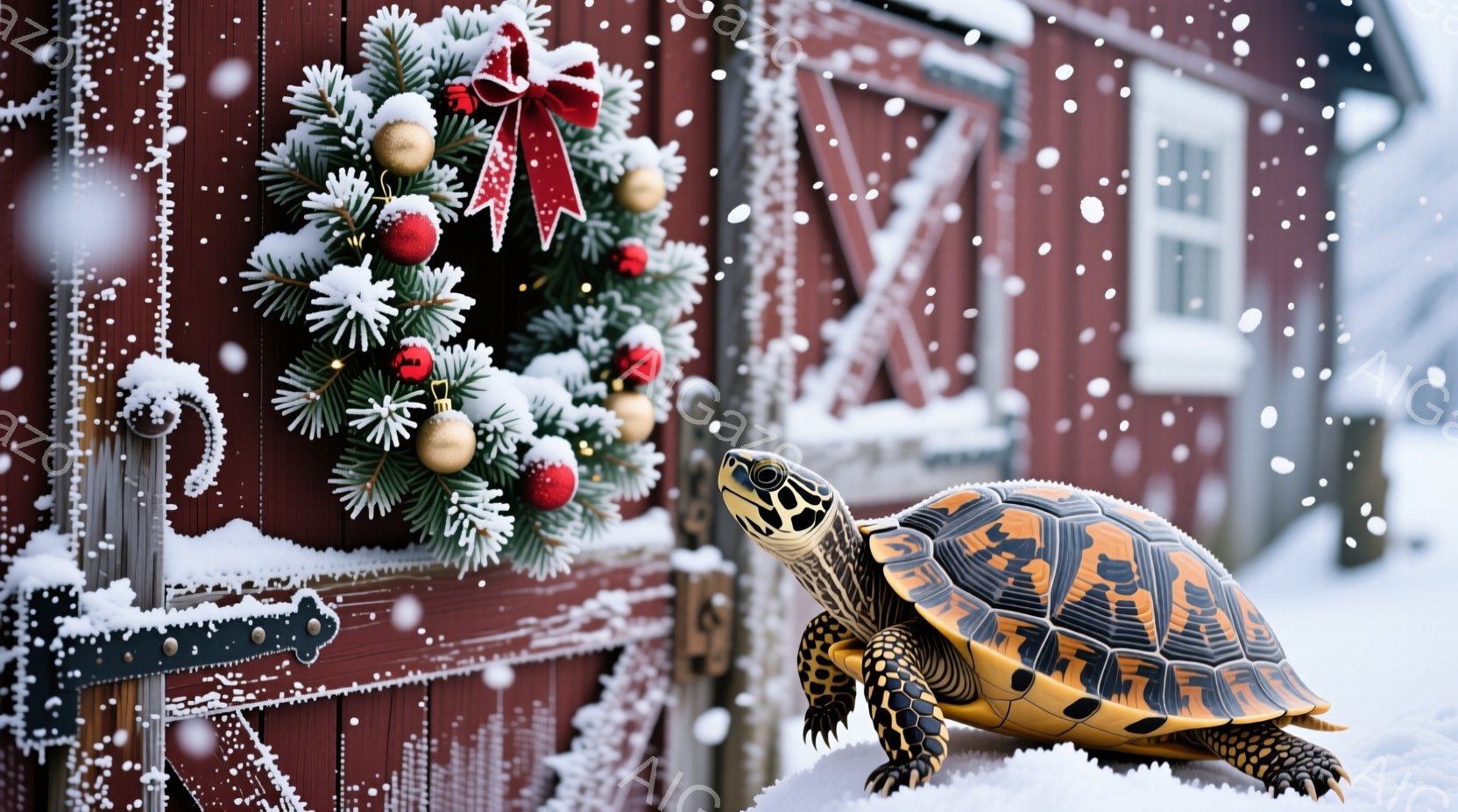 赤い木造の建物にクリスマスリースが飾られ、雪が降る冬の風景です。建物のそばの雪の上に、甲羅に模様のあるカメが立っており、まるで雪景色を楽しむように見えます。全体的に温かく、お祝いムードがあり、カメの存在が可愛らしさを添えています。