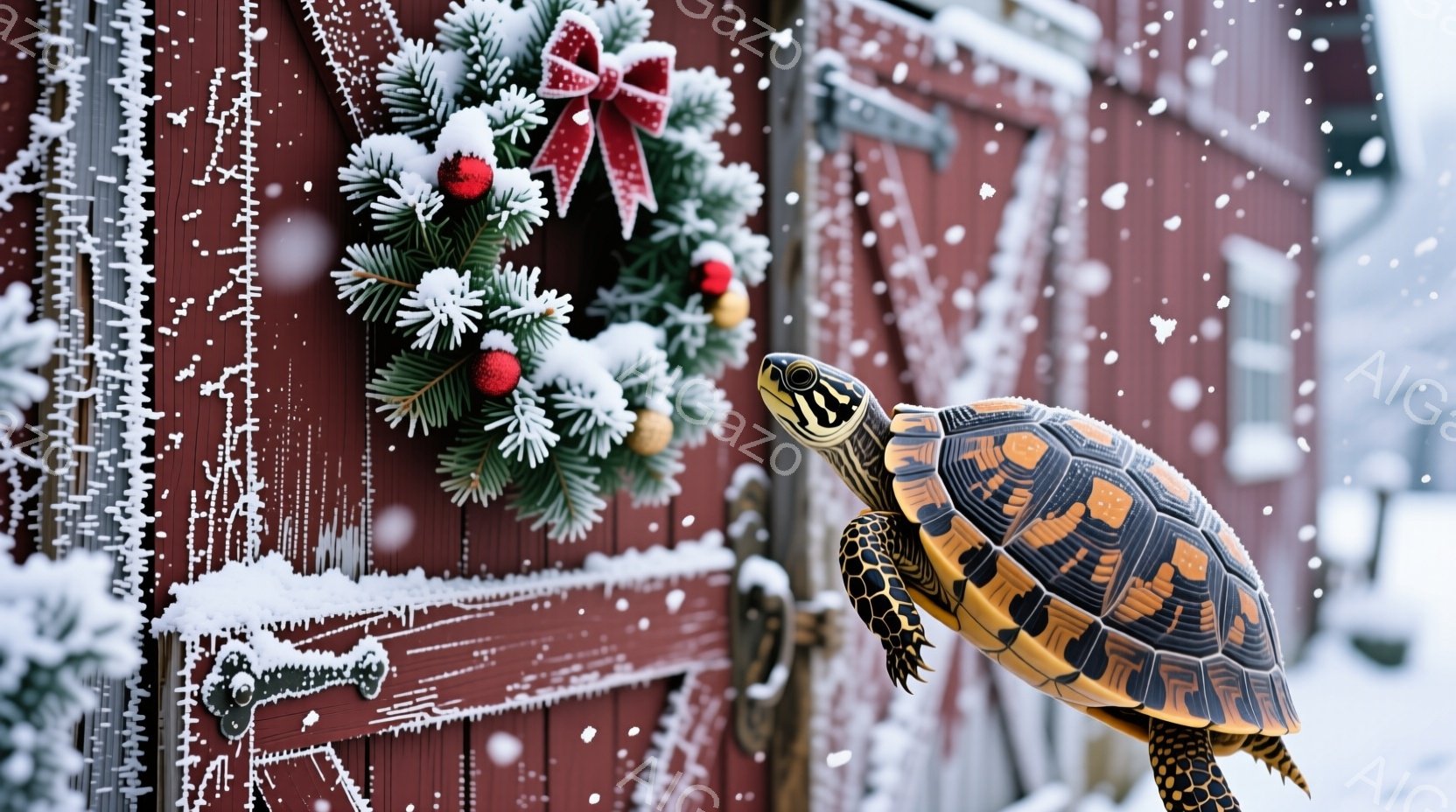 真っ赤な板張りの壁にクリスマスリースが飾られ、雪が舞う冬の風景です。亀が壁にもたれており、好奇心旺盛な表情でこちらを見ています。背景には雪が降り積もり、冬の暖かく穏やかな雰囲気が漂っています。 - AI生成フリー素材