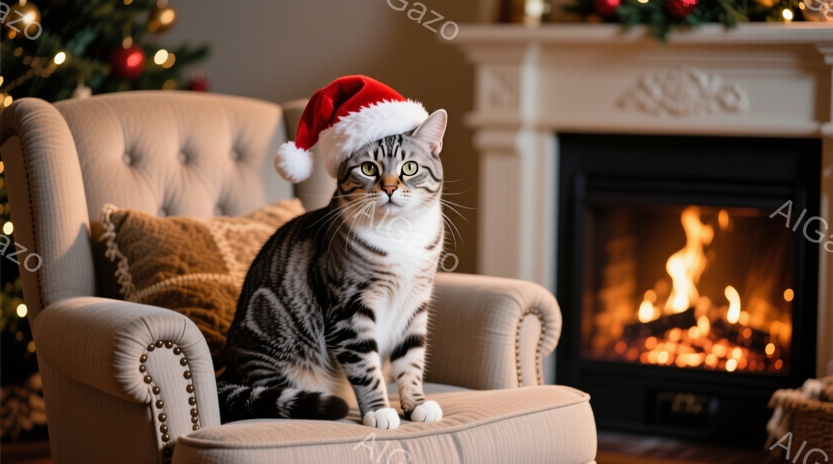 白と黒の縞模様の猫が、クリスマスのサンタ帽をかぶって、鋲飾りのあるクリーム色の肘掛け椅子に座っています。背景には、暖炉で燃え盛る炎と、クリスマスツリーのぼんやりとした光があり、温かく心地よい雰囲気が漂っています。猫はリラックスした表情で、正面を見つめています。
