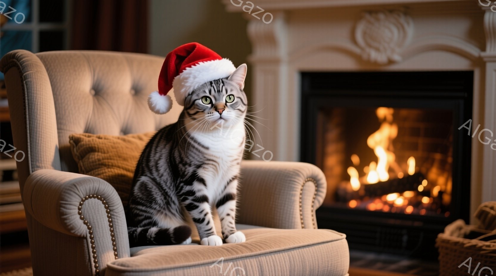 縞模様の猫が、クリーム色の鋲留めアームチェアに座って正面を見つめています。頭には赤いサンタ帽が載っており、少し困ったような表情をしています。背景には暖炉があり、炎が燃え盛って温かい雰囲気を醸し出しています。