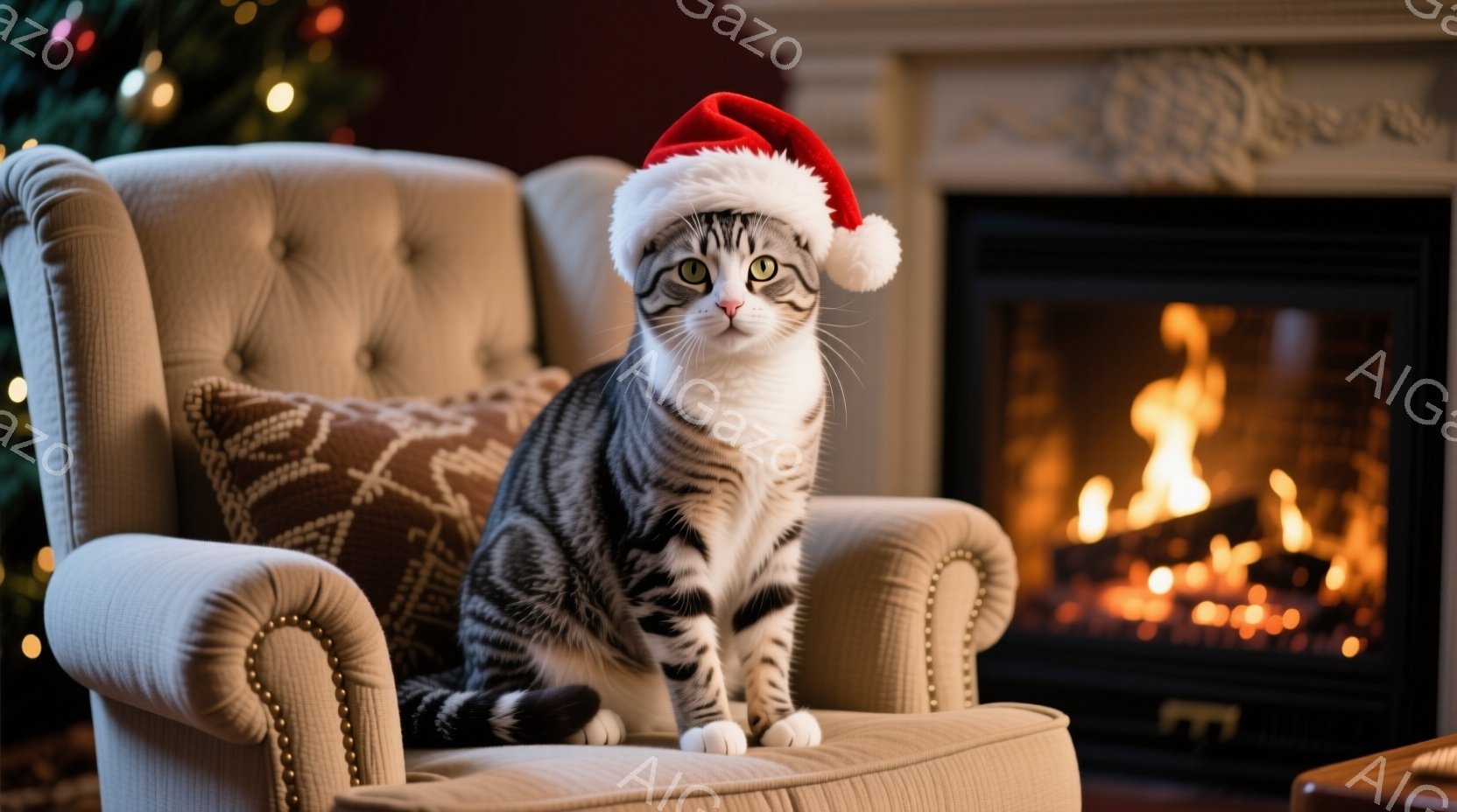 白と黒の縞模様の猫が、クリーム色の肘掛け椅子の座席に座り、赤いサンタ帽を被っている。猫は正面をまっすぐ見つめており、その表情は穏やかで、少しいたずらっぽい様子だ。背景には暖炉があり、炎が燃え盛り、クリスマスの装飾がぼんやりと見える、温かく居心地の良い雰囲気である。
