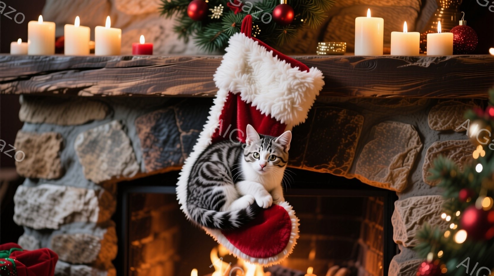 赤いクリスマスストッキングの中に、縞模様の猫が丸まって座っています。猫は落ち着いた表情でカメラを見ており、ストッキングのふちに顎を乗せてリラックスしています。ストッキングは暖炉のレンガの上に飾られ、背 - AI生成フリー素材