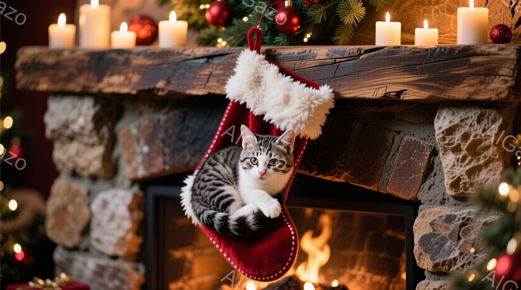 暖炉のそばに飾られた赤いクリスマスストッキングの中に、縞模様の猫がゆったりと丸まって座っています。猫はリラックスした表情で、少しこちらを見ています。背景には、点灯したキャンドルやクリスマスツリーの飾り、暖炉の炎が見え、温かく居心地の良いクリスマスの雰囲気が漂っています。