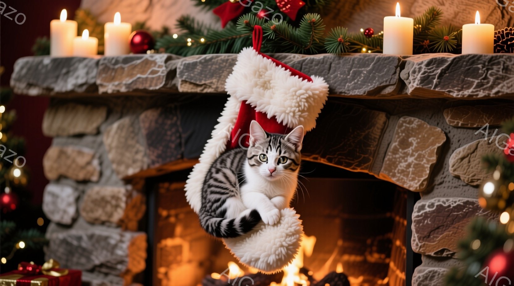 白と灰色の縞模様の猫が、赤い先端と白い毛皮で飾られたクリスマスストッキングの中から顔を出しています。暖炉のレンガ造りの背景には、燃え盛る炎とクリスマスデコレーションが飾られており、全体的に温かくお祝いの雰囲気です。猫は少し困ったような表情で、ストッキングから覗き見ている様子が可愛らしいです。