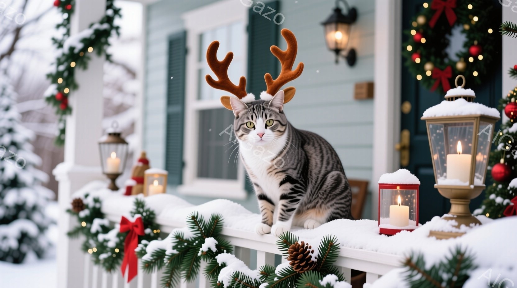 白い雪に覆われた家の手すりに、灰色の縞模様の猫が座っています。猫はトナカイの角を付けており、前方をまっすぐ見て少し驚いたような表情をしています。背景には、クリスマスデコレーションで飾られた家、雪に覆われた木々、そして温かく光るキャンドルが並び、冬の穏やかな祝祭の雰囲気を醸し出しています。