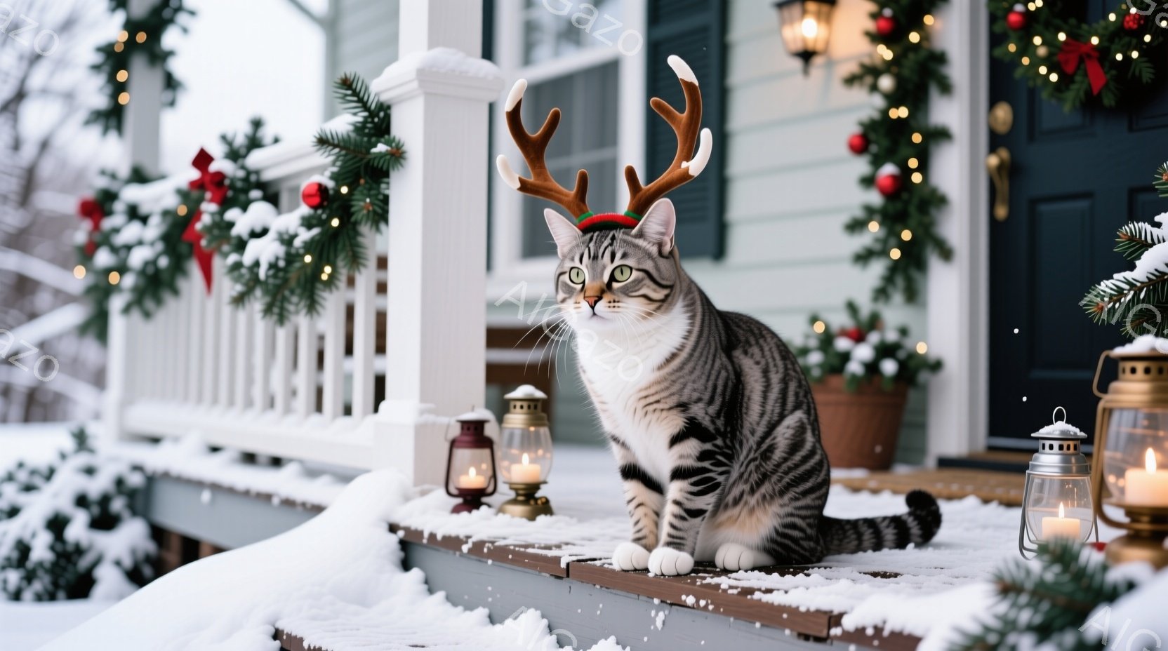 縞模様の猫が、クリスマスの角飾りをつけて家のポーチの階段に座っています。背景には、クリスマスリースやイルミネーションで飾られた家があり、雪が降り積もった冬の風景が広がっています。全体的に、温かく、お祝いの雰囲気で、クリスマスの季節感を漂わせています。