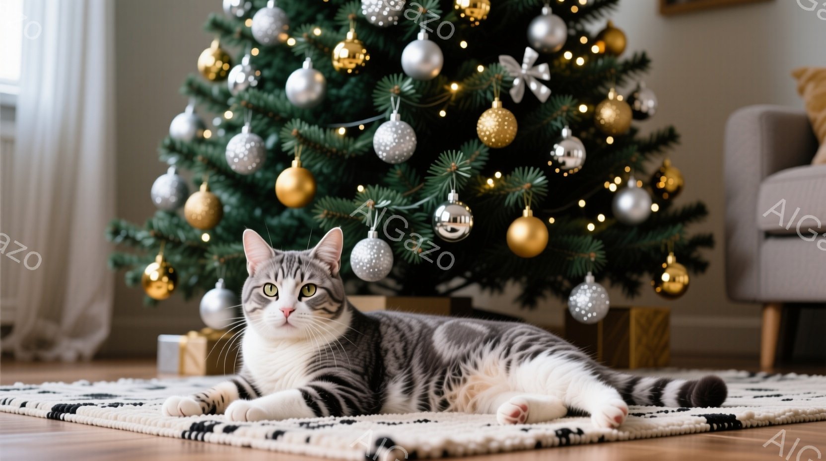 白とグレーの縞模様の猫が、クリーム色の幾何学模様のラグの上に横たわっています。背景には、金と銀のオーナメントで飾られたクリスマスツリーがあり、プレゼントボックスも置かれています。全体的に暖かく、お祝い - AI生成フリー素材