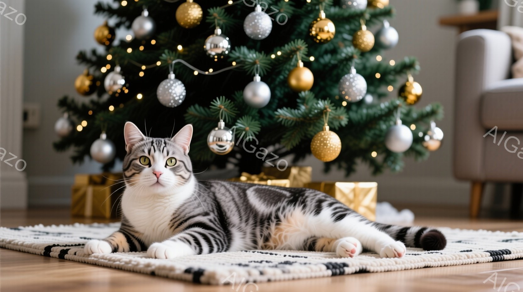 白とグレーの毛並みの猫が、ベージュ色の敷物の上でゆったりと横たわっています。背景にはクリスマスツリーが飾られており、金色のオーナメントと光が暖かく輝き、お祝いの雰囲気を醸し出しています。全体的に穏やか - AI生成フリー素材