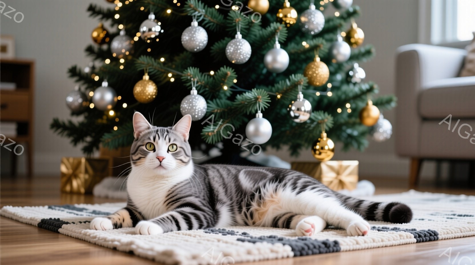 白とグレーの毛並みを持つ猫が、ベージュと黒の模様が特徴的なラグの上に横たわっています。背景には、金色のオーナメントとライトで飾られたクリスマスツリーがあり、プレゼントボックスも置かれています。全体的に - AI生成フリー素材