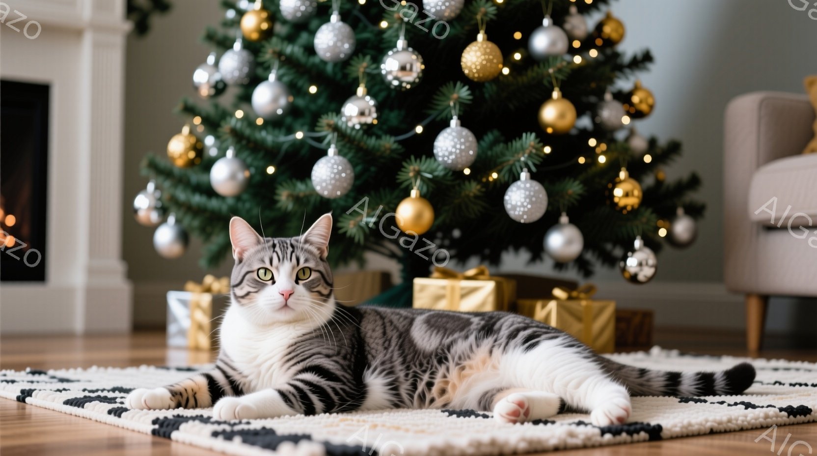 白と灰色の毛並みの猫が、幾何学模様のラグの上に仰向けになってリラックスしています。背景には、金と銀のオーナメントで飾られたクリスマスツリーとプレゼントの箱が置かれており、暖かくお祝いの雰囲気です。明る - AI生成フリー素材