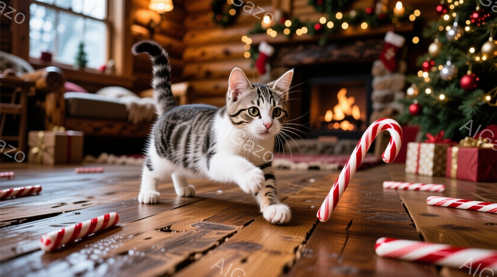 縞模様の小さな子猫が木製の床の上を歩いています。周りには赤と白のキャンディケーンが散らばっており、背景にはクリスマスツリーと暖炉が見え、お祝いの雰囲気が漂っています。全体的に温かく、居心地の良い、クリ - AI生成フリー素材