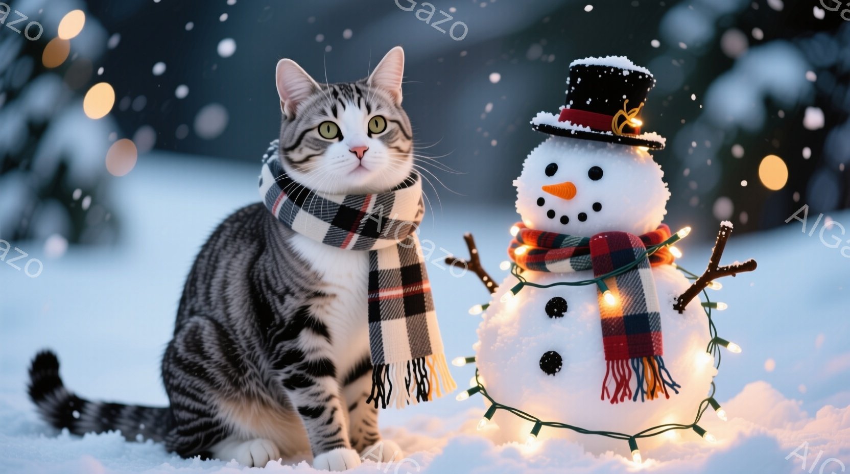 白い雪の上に、縞模様の猫が赤いチェック柄の巻き物を巻いて座っています。猫はリラックスした表情で、少し前に見つめています。雪だるまが猫の横にあり、帽子をかぶり、顔にはにんじんの鼻と炭で作られた目と口があ - AI生成フリー素材