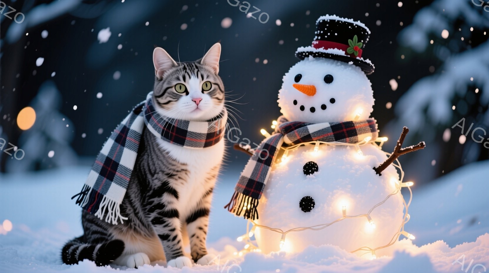 白い雪の上に、縞模様の猫が赤いチェック柄のショールを巻いて座っています。その隣には、にんじんの鼻と石炭のような目でできた雪だるまがあり、小さな帽子をかぶり、手には木の枝を持っています。背景は暗い森で、雪が降り積もり、雪だるまには暖かい光のイルミネーションが飾られています。