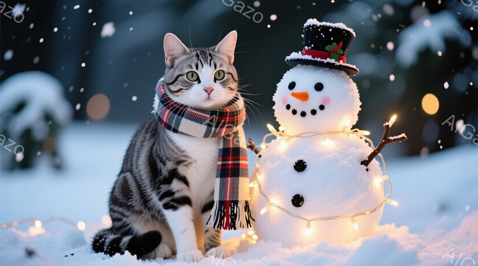 白い雪景色の中に、縞模様の猫が赤いチェック柄のマフラーを巻いて座っています。隣には、にんじんの鼻と石ころのような目と口を持つ雪だるまが飾られており、温かい光を放つイルミネーションで彩られています。背景 - AI生成フリー素材