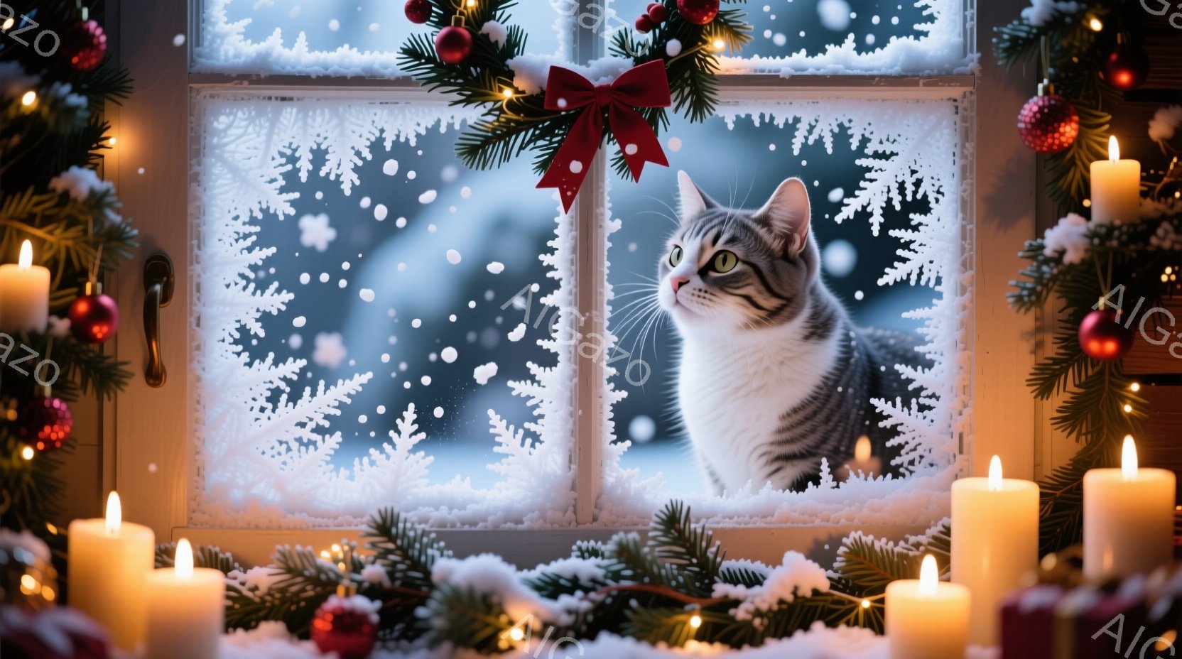 白い窓枠に飾られたクリスマスリースと赤いリボンを背景に、グレーと白の縞模様の猫が窓の外を眺めている。雪が舞い散る冬の景色が猫の視線の先に広がり、窓辺には点灯されたキャンドルと装飾が暖かく輝いている。全 - AI生成フリー素材