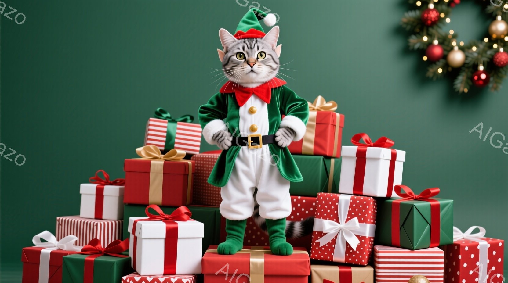 白と灰色の縞模様の猫が、クリスマスのジンジャーブレッドハウスの隣に座っています。猫は正面を見ており、リラックスした様子で、テーブルの上で優雅に座っています。背景には、ぼやけたクリスマスツリーとプレゼン - AI生成フリー素材