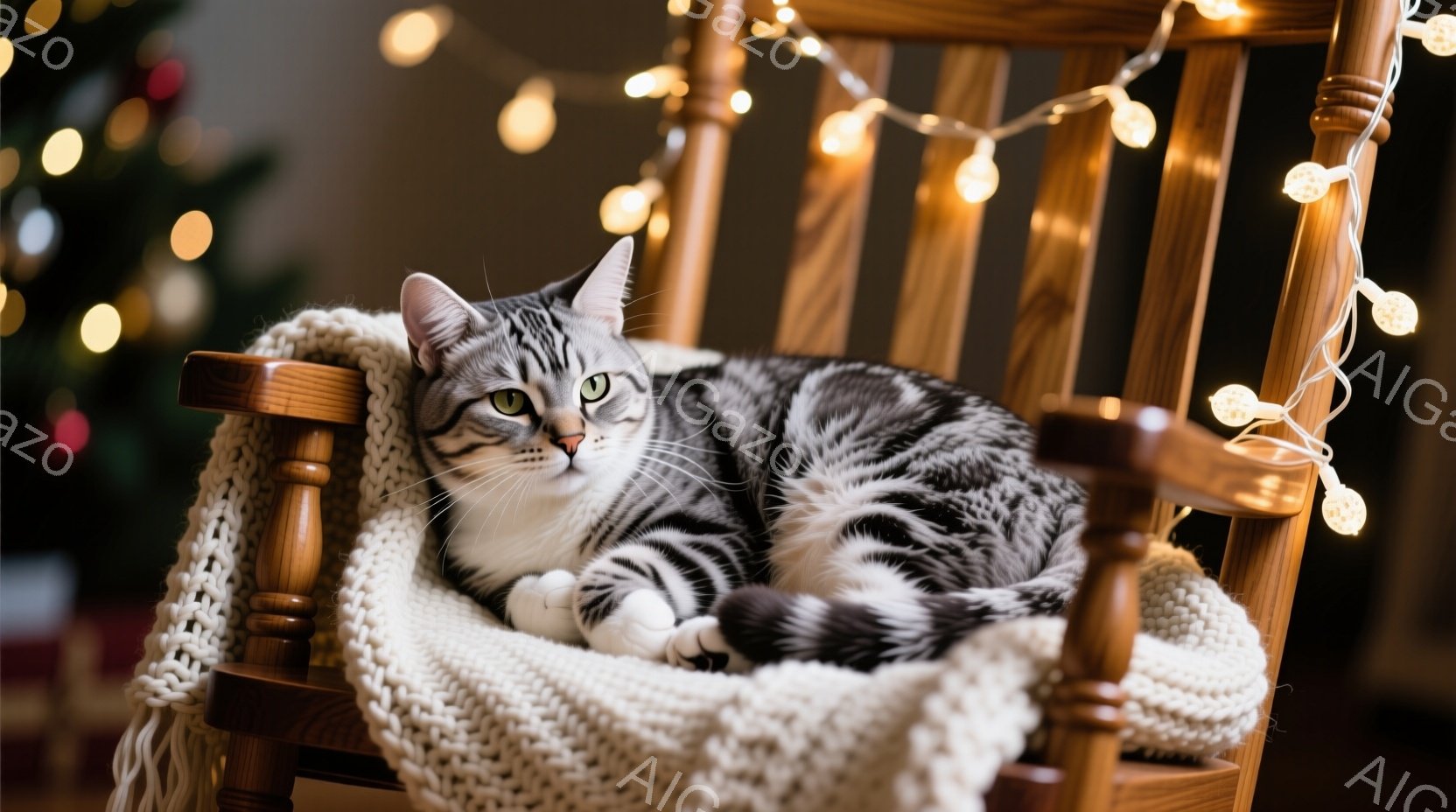 縞模様の猫が、手編みの白い毛布を敷いた木製の椅子に丸まって横たわっています。猫はリラックスした表情で、穏やかな光の中で安らかに眠っているようです。背景にはぼやけたクリスマスツリーと、温かい光を放つ電飾が見え、冬の暖かく穏やかな雰囲気を醸し出しています。