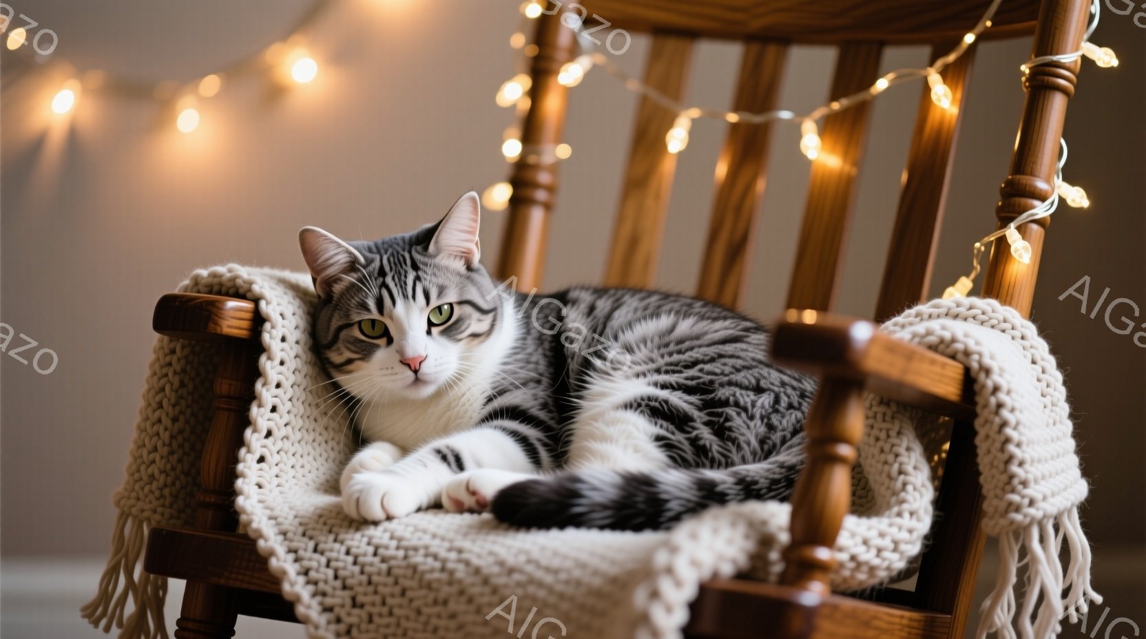 白と灰色の縞模様の猫が、編み物のブランケットがかけられたロッキングチェアに丸まって横たわっています。猫は落ち着いた表情で、リラックスした様子が伝わってきます。背景にはぼんやりとした光のストリングがあり - AI生成フリー素材