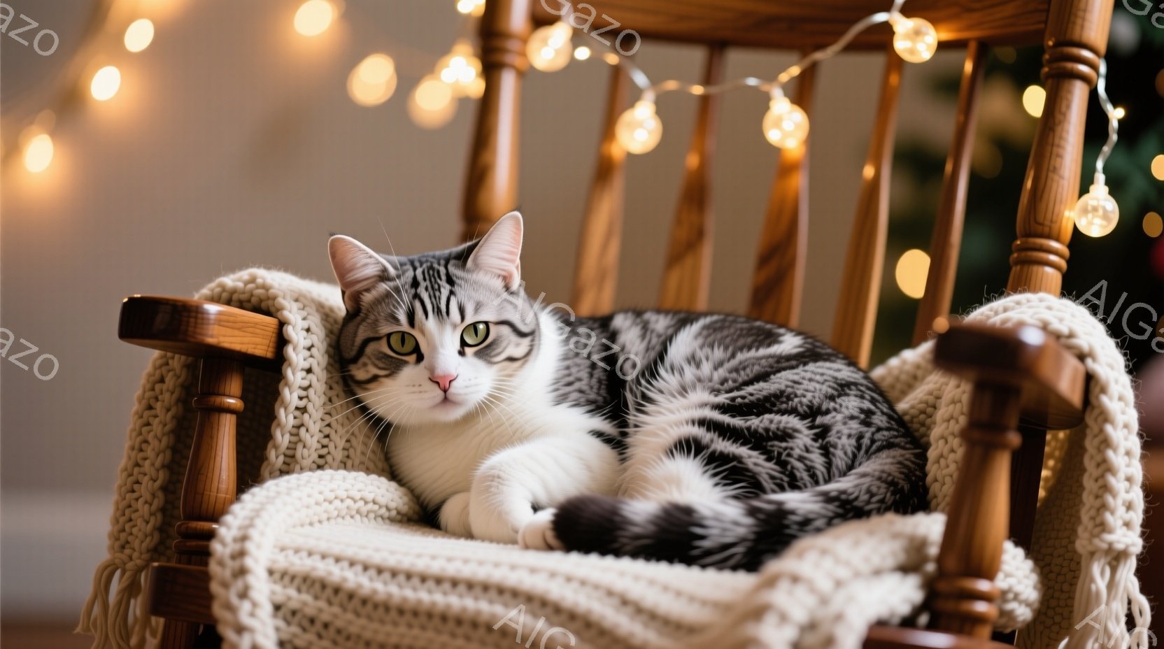 白と黒の縞模様の猫が、クリーム色の編み物のブランケットが敷かれたロッキングチェアに丸まって横たわっています。猫は落ち着いた表情で、わずかにこちらを見ています。背景にはぼんやりとクリスマスツリーが見え、 - AI生成フリー素材