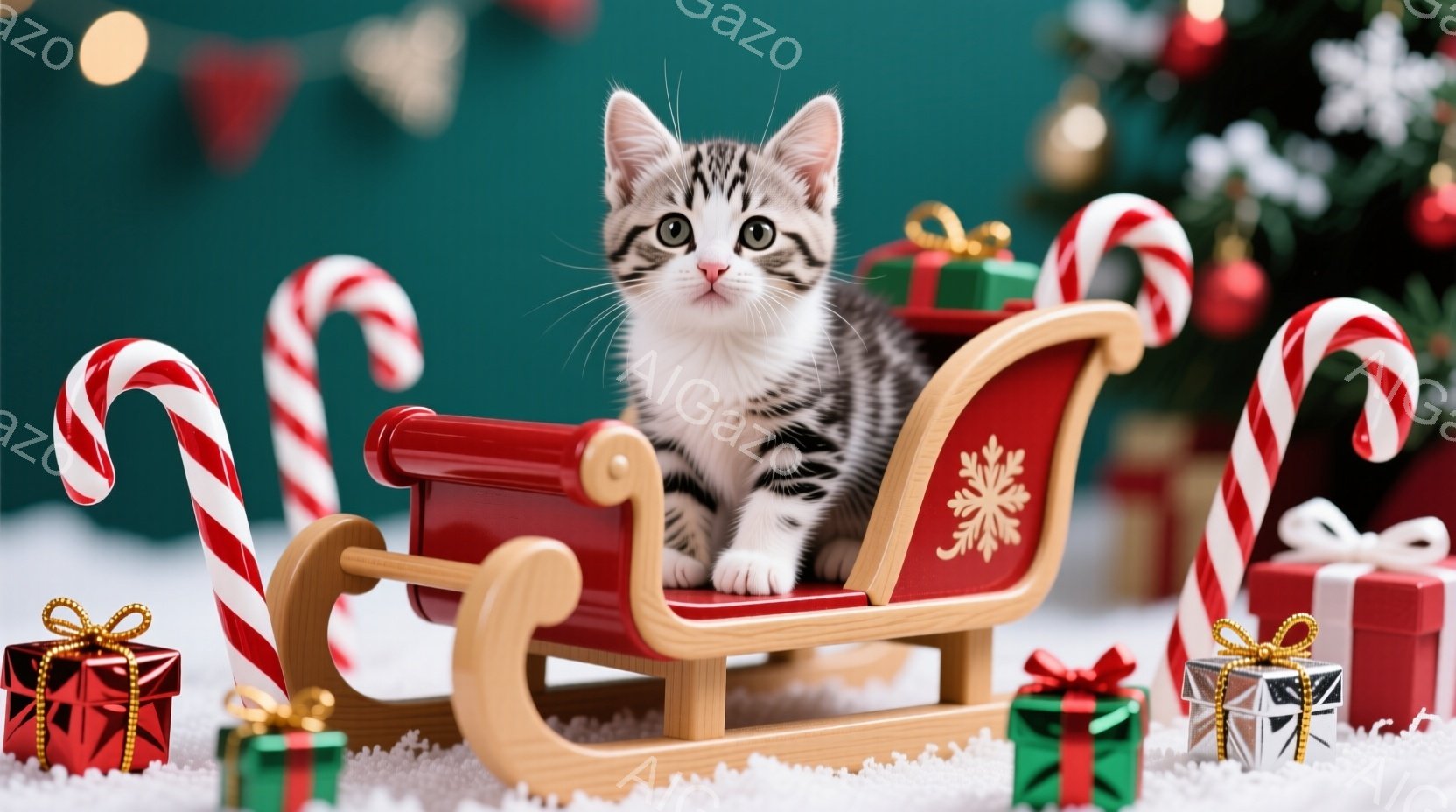 白と黒の縞模様の小さな子猫が、赤いそりに座ってこちらを見ている。背景には、カラフルなプレゼントとキャンディケーンが散りばめられ、雪景色が広がっている。全体的に、暖かく、お祝いの雰囲気が漂うクリスマスの - AI生成フリー素材