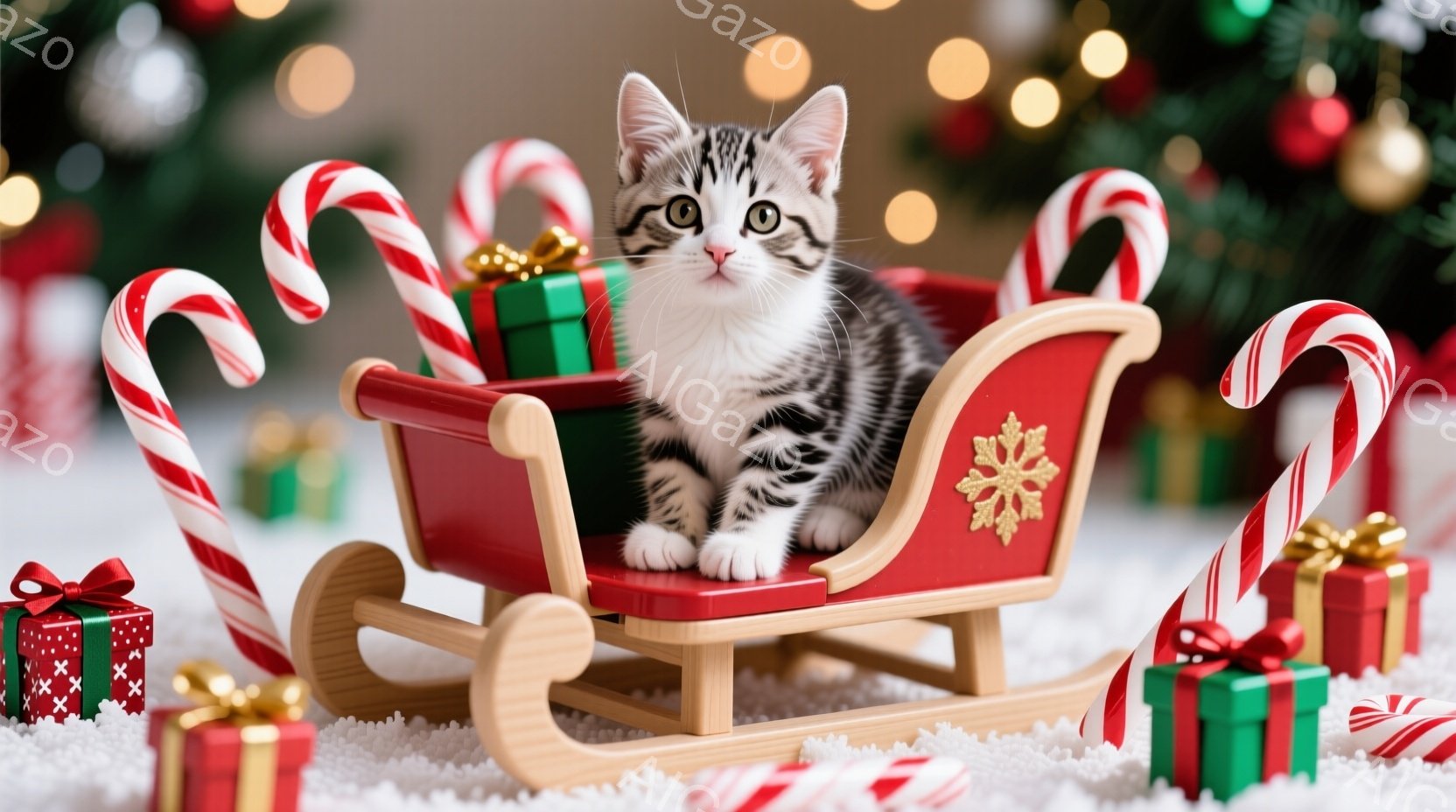 白と黒の縞模様の小さな子猫が、赤いそりに座ってこちらを見ています。そりの周りには、キャンディケーンや緑と赤のリボンで飾られたプレゼントボックスが散らばっており、背景にはぼやけたクリスマスツリーが見えま - AI生成フリー素材