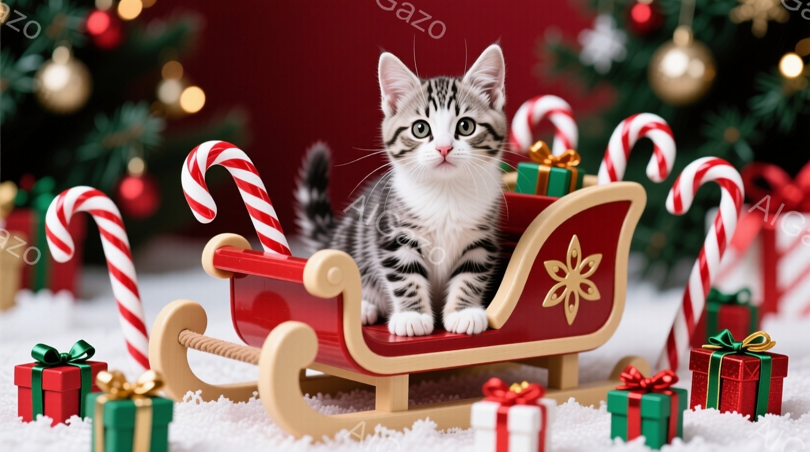 白と黒の縞模様の小さな子猫が、赤いそりに座ってこちらを見ています。そりの周りにはプレゼントの箱やキャンディケーンが置かれ、背景には緑のクリスマスツリーがぼやけて見えます。全体的に暖かく、お祝いの雰囲気 - AI生成フリー素材