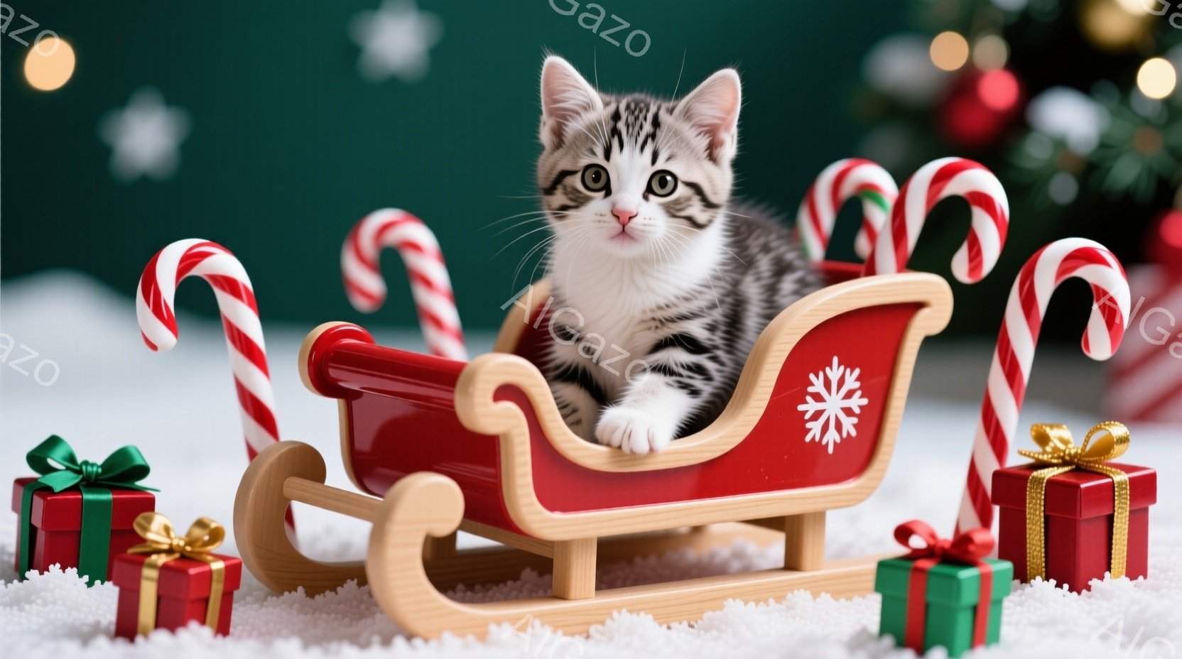 小さな三毛猫が赤いそりに座ってこちらを見つめています。背景にはプレゼントボックスとキャンディケーン、そしてぼやけたクリスマスツリーが見え、雪景色が広がっています。全体的に、暖かく、可愛らしいクリスマスの雰囲気を醸し出しています。