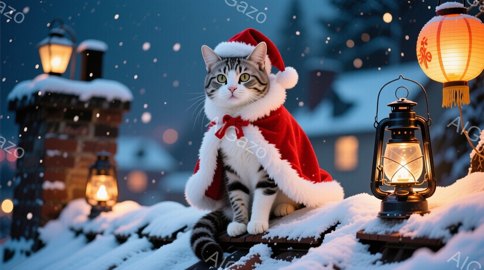 白とグレーの毛並みを持つ猫が、赤いサンタクロースの帽子とマントを身に着けて屋根の上に座っています。その表情は穏やかで、遠くを見つめています。背景には雪に覆われた家々、点灯したランタン、そして舞い散る雪が広がっており、クリスマスの夜の暖かく幻想的な雰囲気を醸し出しています。