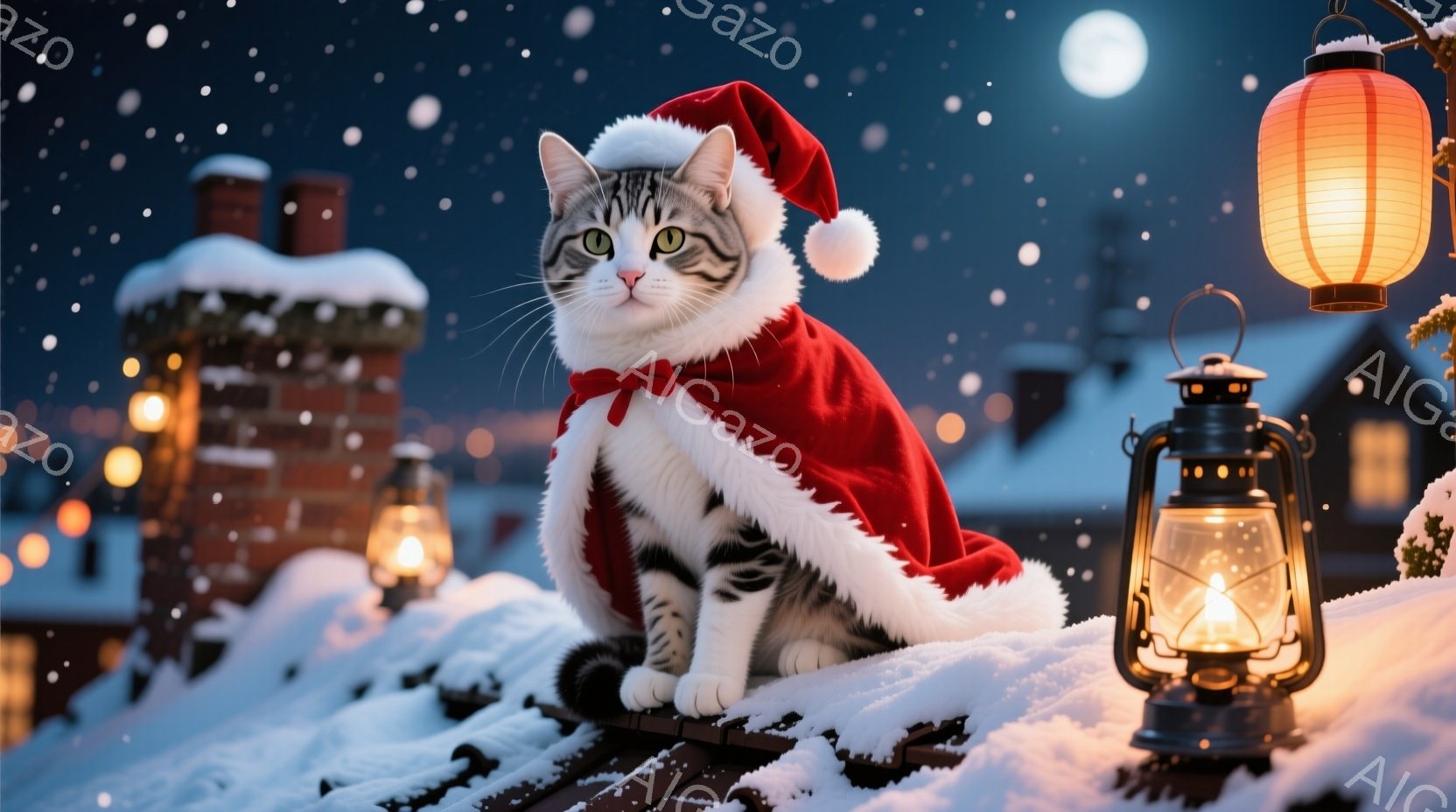 白と灰色の縞模様の猫が、クリスマスの赤い帽子とマフラーを身につけ、雪積もった屋根の上で座っています。猫は少し眉をひそめ、どこか見つめるような表情をしています。背景には、雪景色と夜空、そして点灯したランタンが見え、クリスマスの暖かく幻想的な雰囲気を醸し出しています。