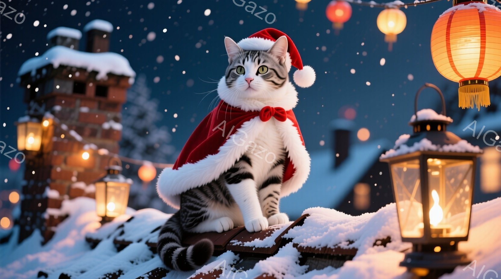 白と灰色の縞模様の猫が、赤いサンタの帽子と赤いリボンをつけて屋根の上に座っています。背景には雪で覆われた建物や、点灯されたランタンがあり、雪が降る夜空が広がっています。全体的に温かく、お祝いムードにあ - AI生成フリー素材