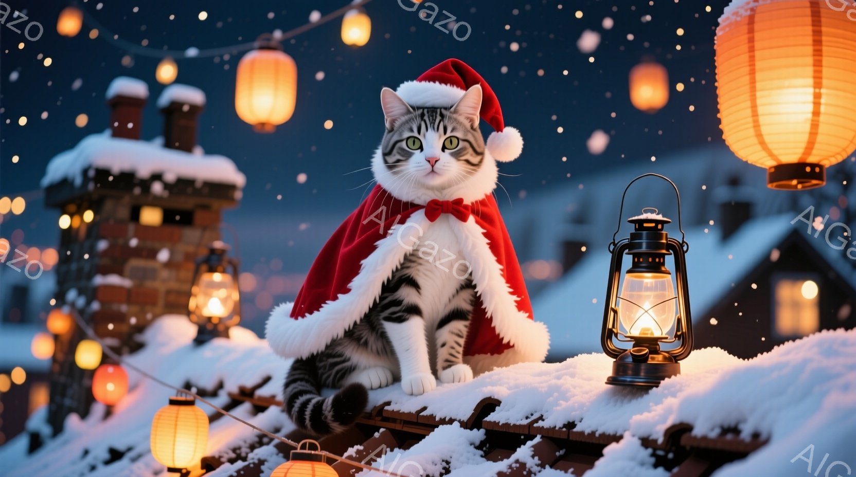 縞模様の猫がサンタの帽子と赤いマントを身につけ、屋根の上で座っている。背景には雪景色が広がり、点灯したランタンと雪で覆われた建物が暖かく優しい雰囲気を醸し出している。猫はまっすぐ前を見つめ、クリスマス - AI生成フリー素材