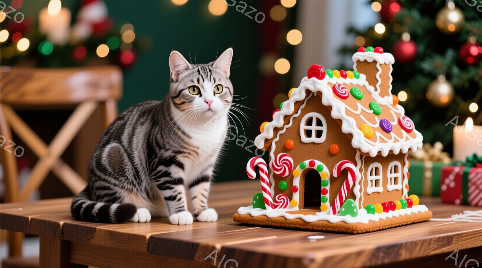 白とグレーの縞模様の猫が木製のテーブルの上に座っており、その隣にはカラフルなアイシングで飾られたジンジャーブレッドハウスが置かれています。背景にはクリスマスツリーがぼやけており、温かくお祝いムードの室 - AI生成フリー素材