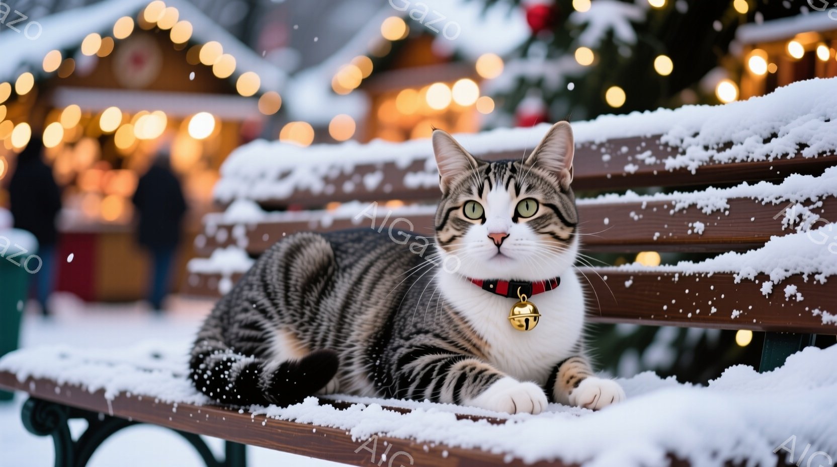 白と茶色の縞模様の猫が、雪で覆われた木製のベンチに横たわっています。赤い首輪には小さな金色の鈴が付いており、リラックスした表情で正面を見つめています。背景にはぼやけたクリスマスマーケットの光が輝き、雪 - AI生成フリー素材
