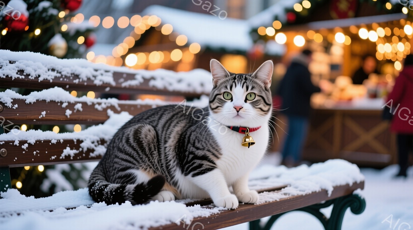 白と黒のまだら模様の猫が、雪で覆われた緑色のベンチに座っています。首輪には小さなベルが付いており、鋭い眼差しでこちらを見ています。背景には、ぼやけたクリスマスマーケットの光と、人々が見え、冬の暖かい雰 - AI生成フリー素材