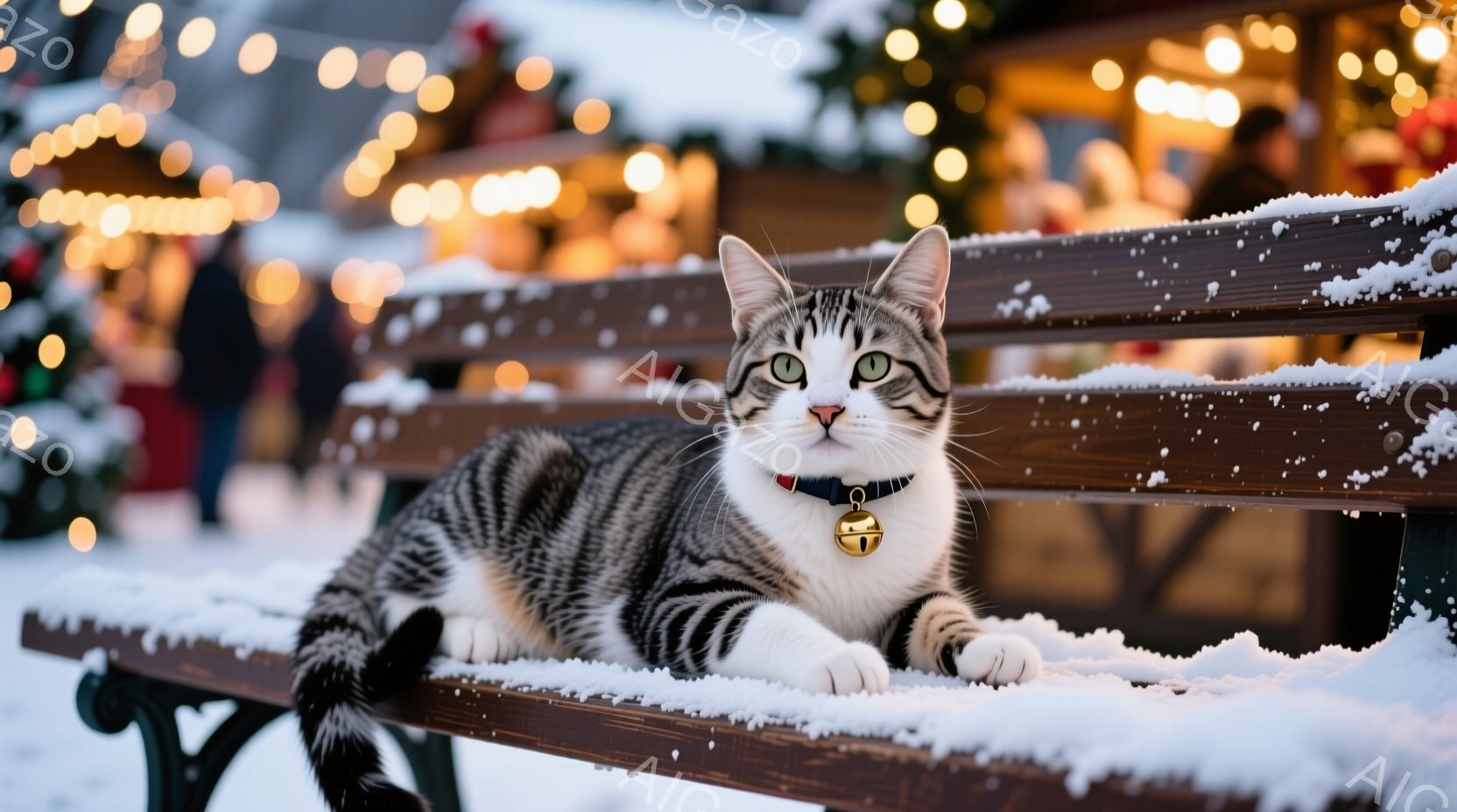 白とグレーの縞模様の猫が、雪で覆われた木製のベンチに横たわっています。首輪には小さなベルが付いており、鮮やかな緑色の瞳でカメラを見つめています。背景には、ぼやけた光が輝くクリスマスのマーケットのような賑やかな場所が広がり、冬の暖かい雰囲気を醸し出しています。