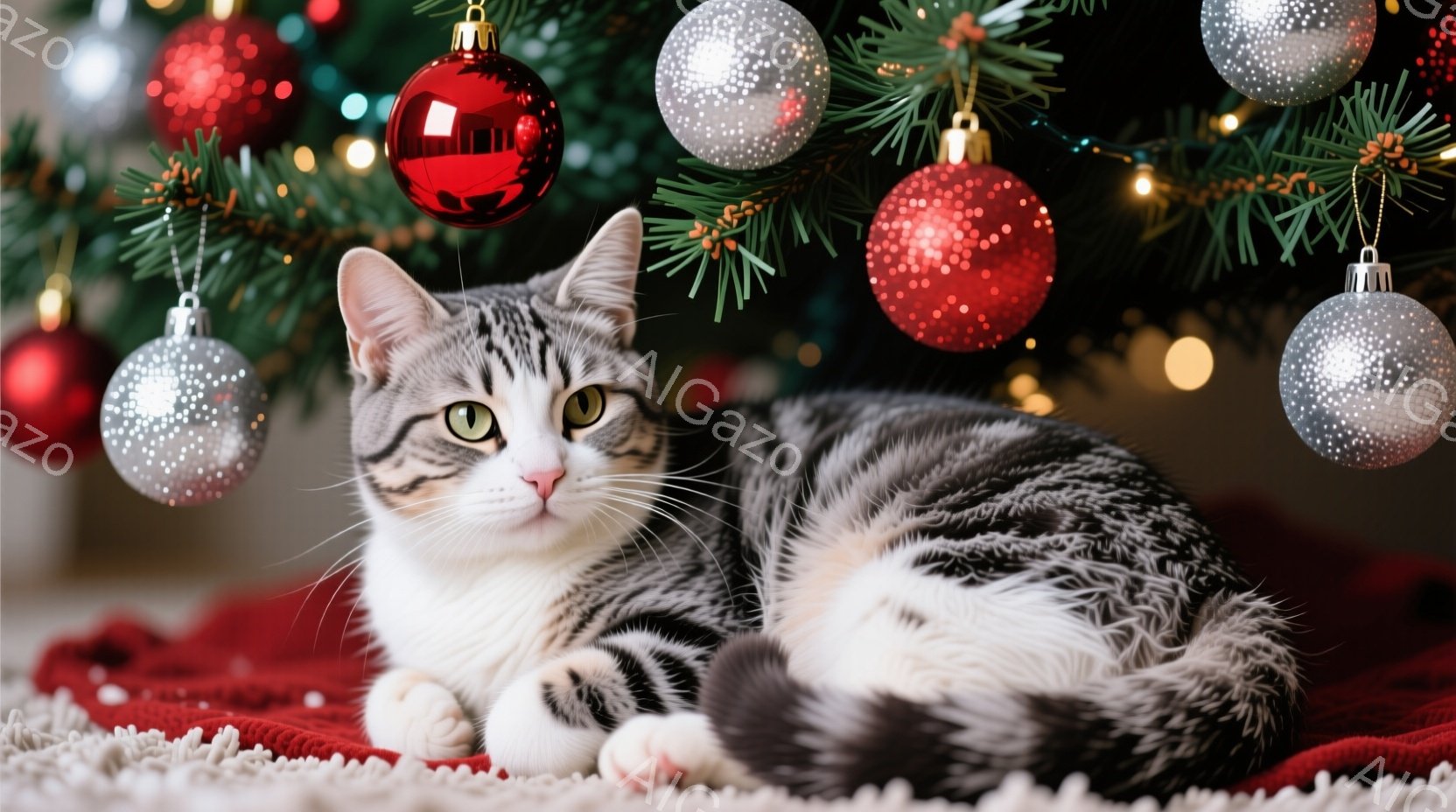 白と灰色の縞模様の猫が、角のような装飾を頭に付けて雪の中を堂々と歩いている。周囲にはキャンドルが灯されたランタンが置かれ、雪の積もった木々が背景にぼやけている。全体的に幻想的で、冬の暖かく穏やかな雰囲 - AI生成フリー素材