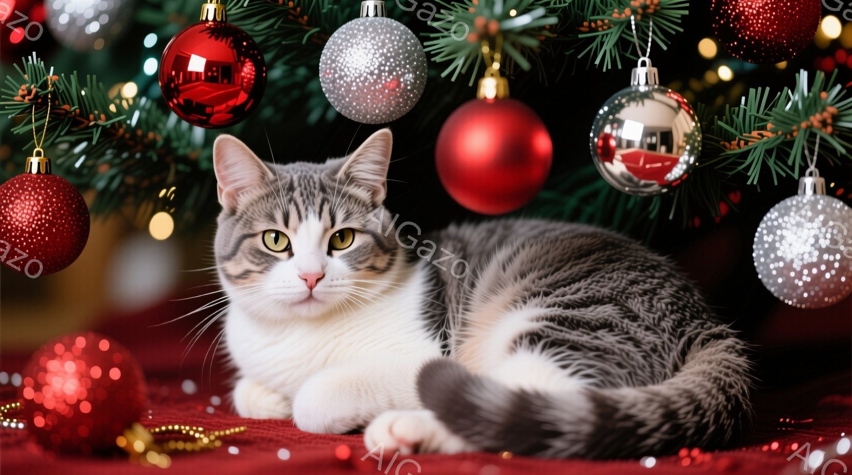 白とグレーの毛並みを持つ猫が、赤い布の上に丸まって横たわっています。猫はカメラ目線で、わずかに口角が上がり、リラックスした表情をしています。背景にはクリスマスツリーが飾られ、赤いオーナメントやキラキラ光る装飾が散りばめられ、暖かくお祝いムードを醸し出しています。