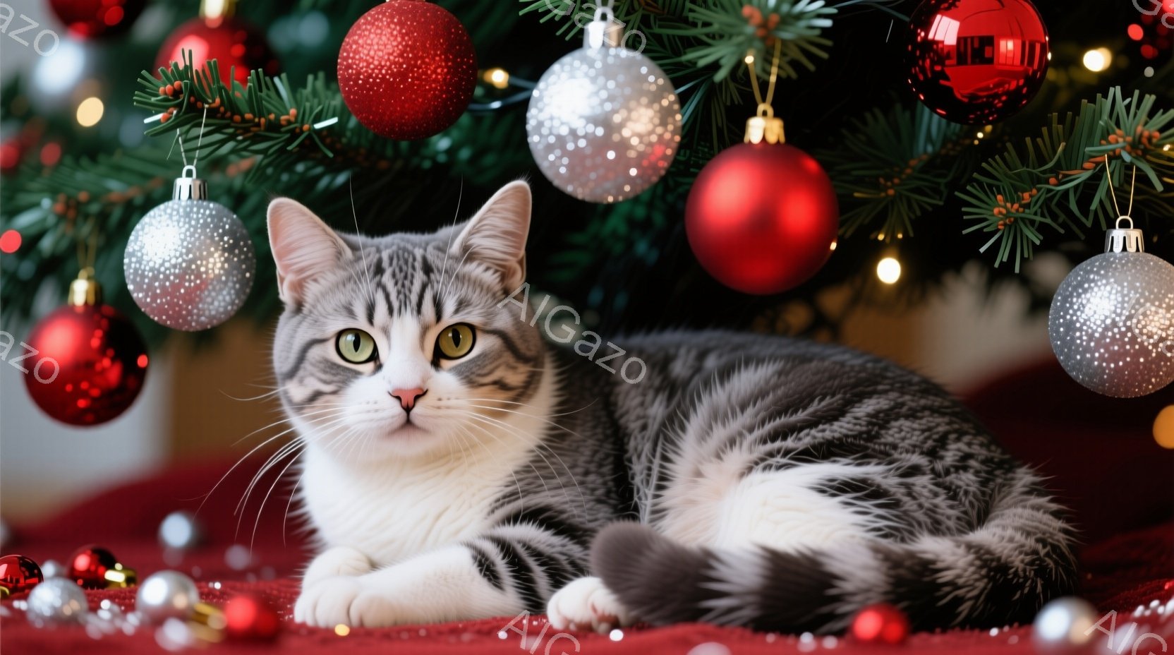 灰色の縞模様の猫が、赤い敷物の上に横たわっています。背景にはクリスマスツリーがあり、赤と銀の飾りで彩られています。猫は落ち着いた表情で、まるでクリスマスを楽しむかのようにリラックスした様子です。 - AI生成フリー素材