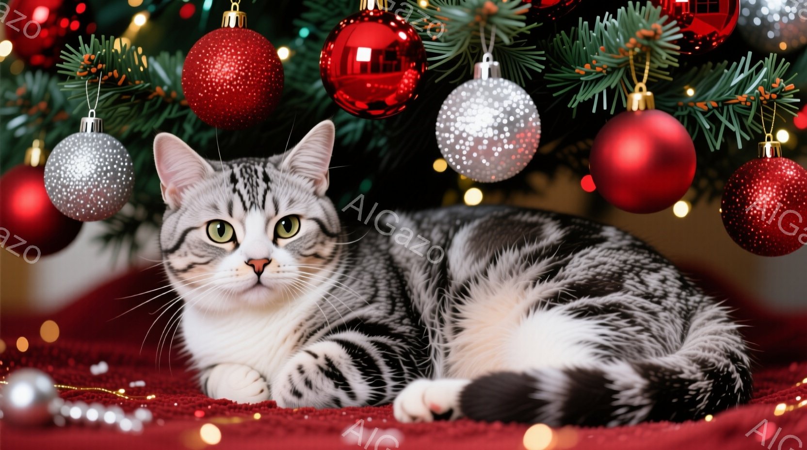 白と黒のまだら模様の猫が、赤い布の上に横たわっています。猫は緑色の目を輝かせ、リラックスした表情で正面を見ています。背景にはクリスマスツリーがあり、赤いオーナメントや光が散りばめられ、温かく華やかな雰 - AI生成フリー素材