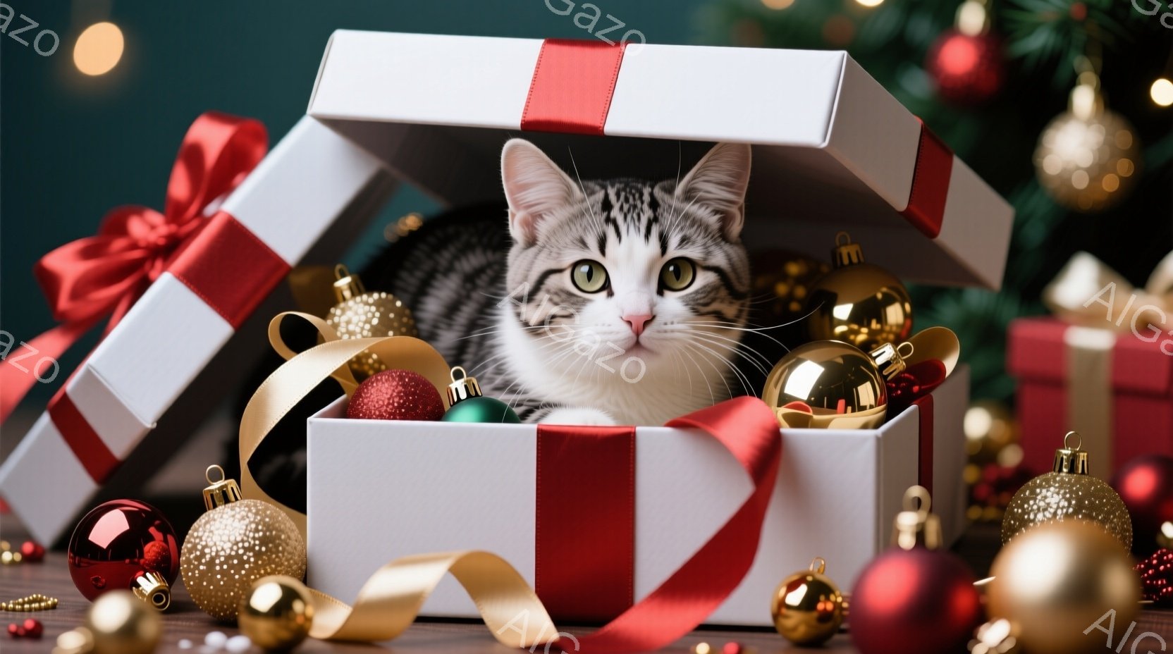 白いギフトボックスの中に、縞模様の猫が可愛らしく顔を出しています。ボックスは赤いリボンで飾られ、周囲には金色のオーナメントが散りばめられています。背景にはクリスマスツリーがぼんやりと見え、全体的に温か - AI生成フリー素材