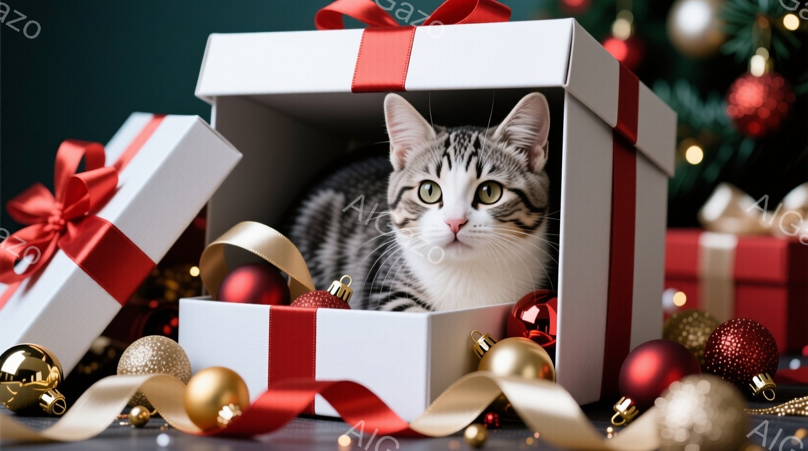 白地に赤いリボンで飾られたギフトボックスの中に、縞模様の猫が丸まって座っています。猫は正面を見つめ、少し驚いたような表情をしています。背景には、装飾されたクリスマスツリーと、赤や金色のオーナメントが散 - AI生成フリー素材