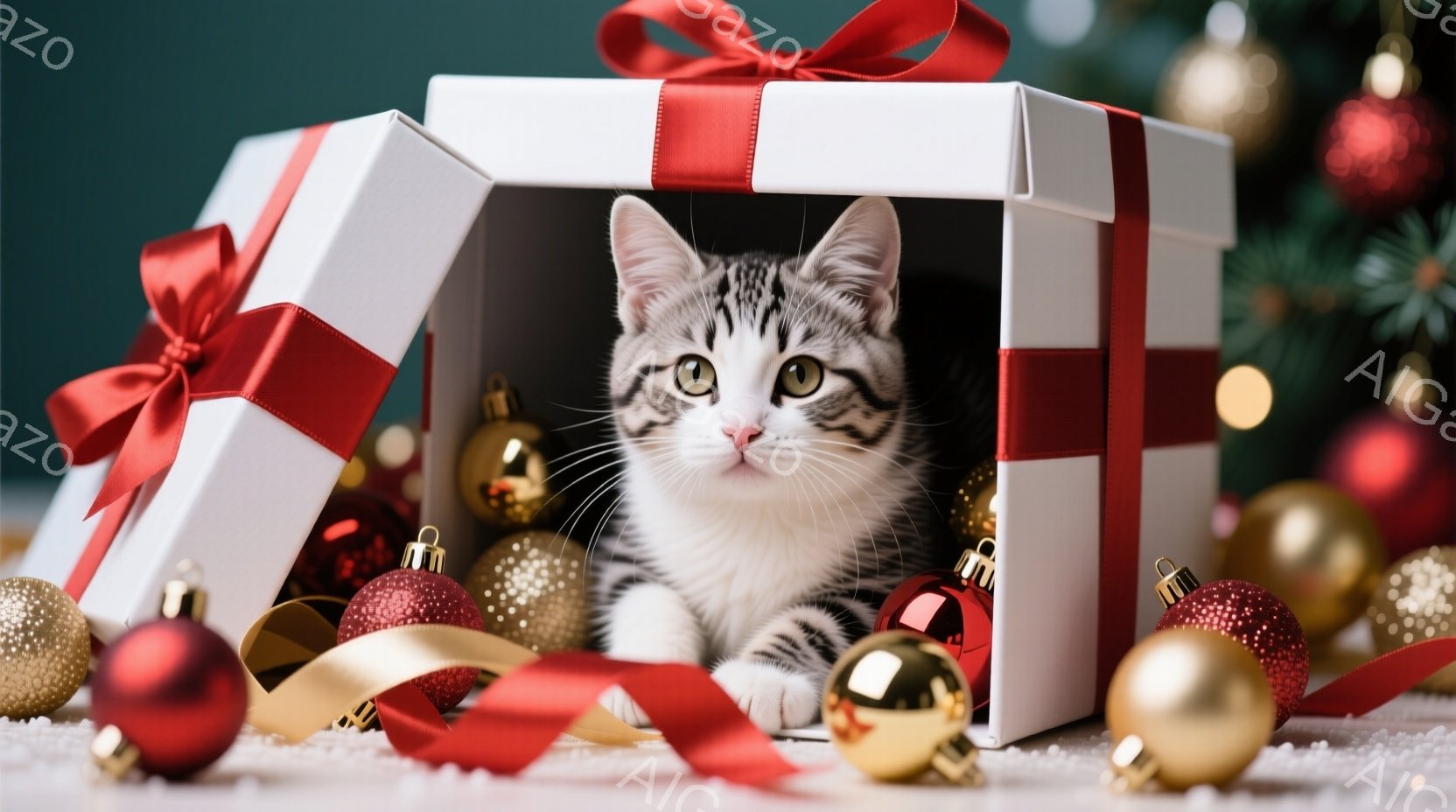 白地に灰色の縞模様の小さな子猫が、赤いリボンで飾られた白いギフトボックスの中に座っています。ボックスの周りには、金、赤、銀のクリスマスオーナメントが散らばり、背景にはぼやけたクリスマスツリーが見えます - AI生成フリー素材