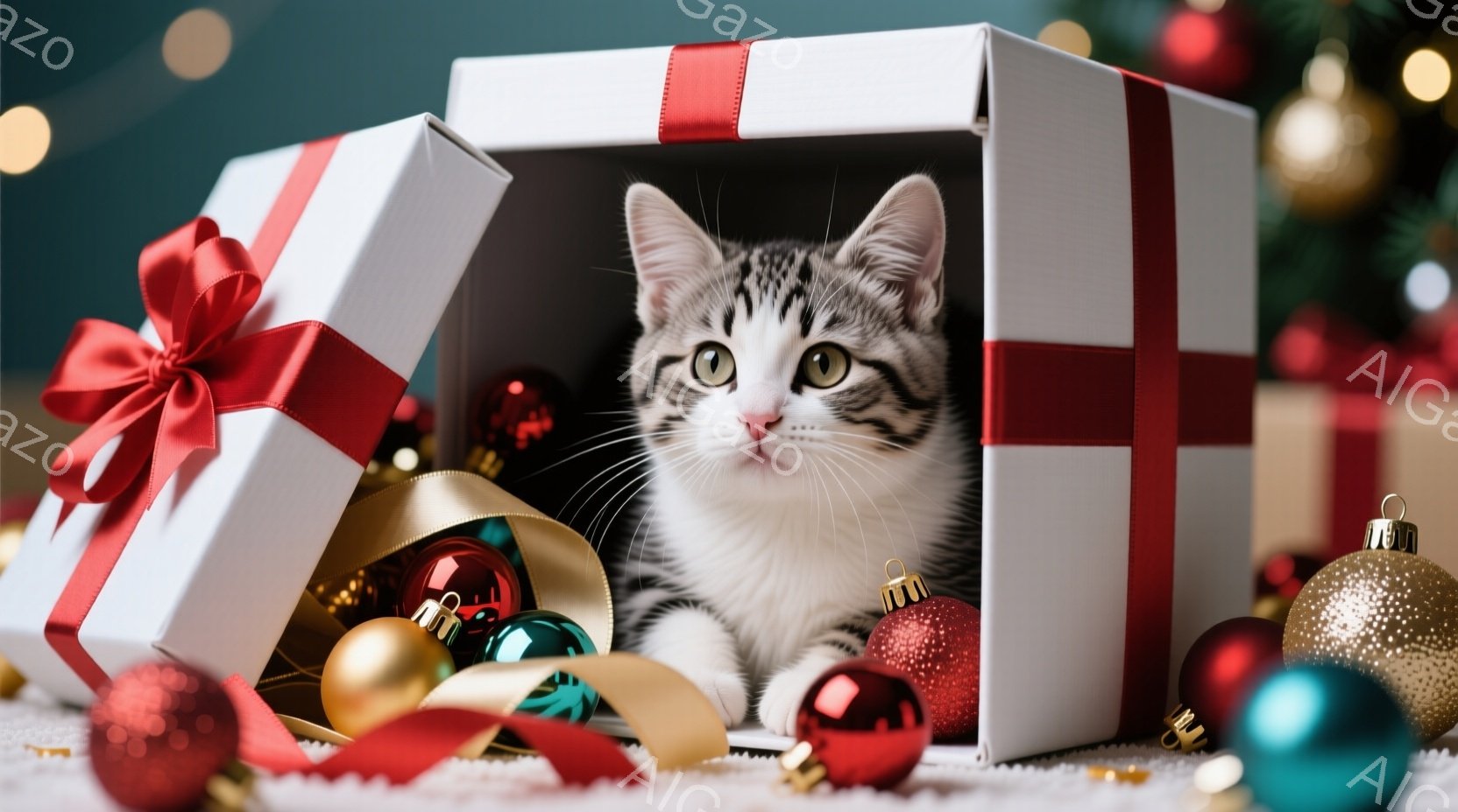 白と黒の縞模様の猫が、赤いリボンで結ばれた白いギフトボックスの中に座っています。猫は前足を伸ばしてリラックスした姿勢で、カメラに向かって少し警戒した表情で見ています。背景には、様々な色のクリスマスオーナメントが散らばっており、ホリデーシーズンらしい暖かく、遊び心のある雰囲気を醸し出しています。